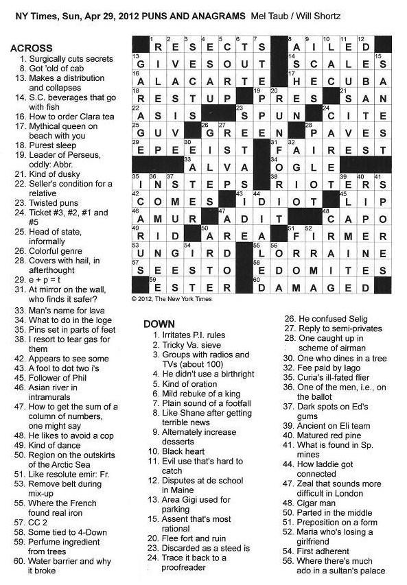 The New York Times Crossword In Gothic 04 29 12 Puns And Anagrams