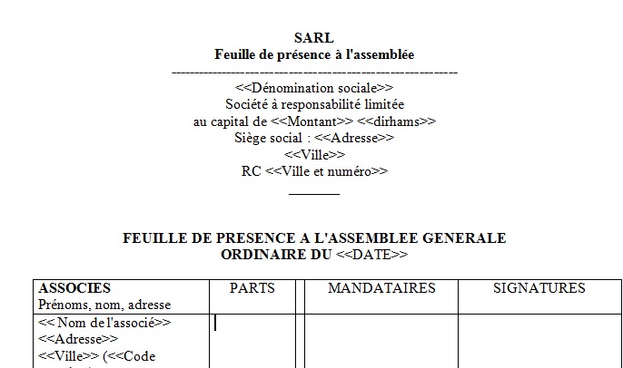 modele feuille de presence assemblee generale sarl