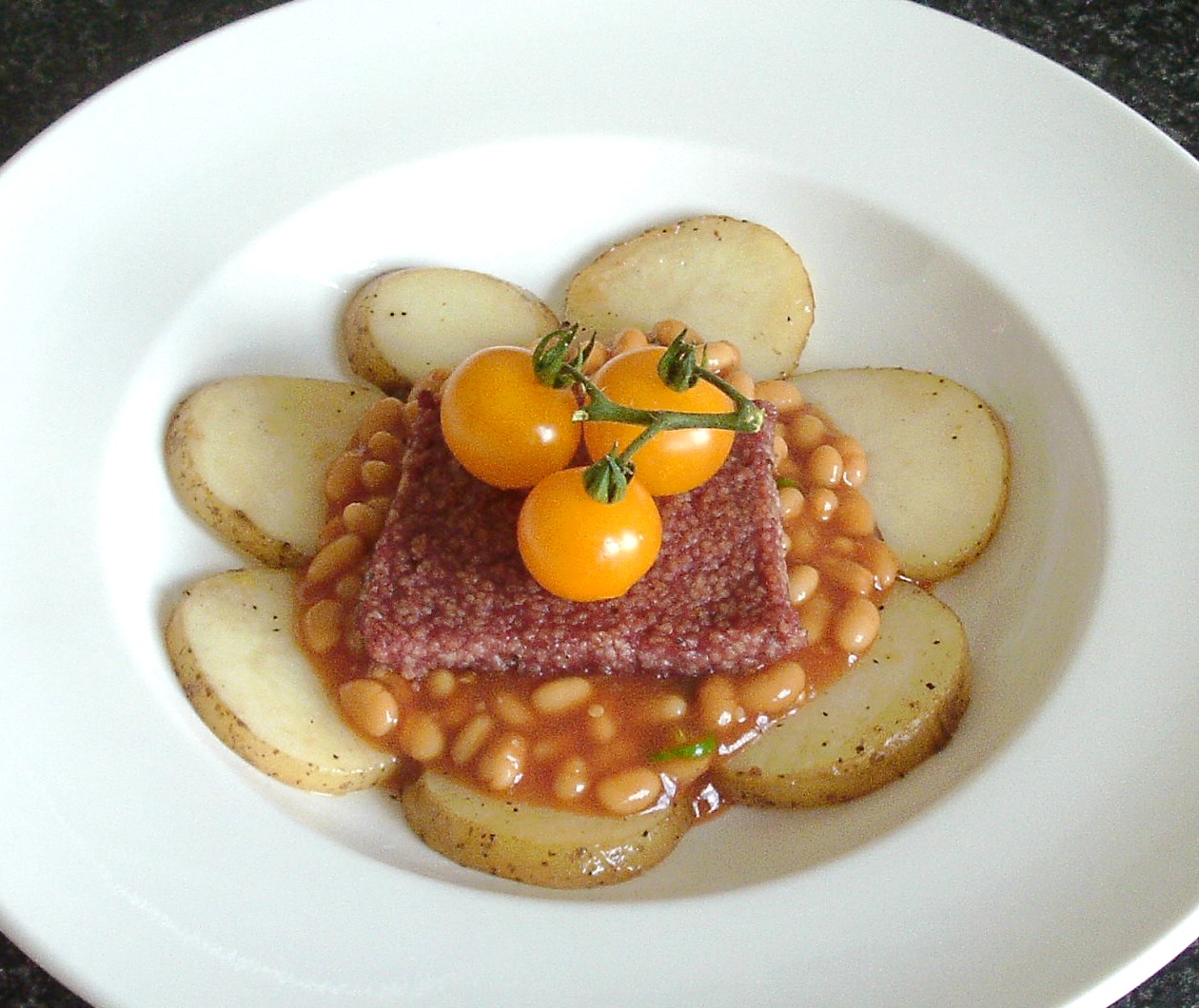 Modern Scottish Food and Recipes Sausage, Fried Potatoes and Spicy Beans