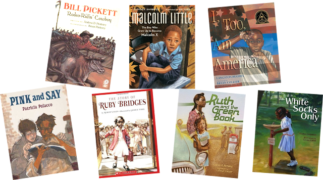 Black History Month reading list for Kids includes Bill Pickett, Malcolm Little, I roo am America, Pink and Say, Ruby Bridges, Ruth and th eGreen Book, and White Sock only.