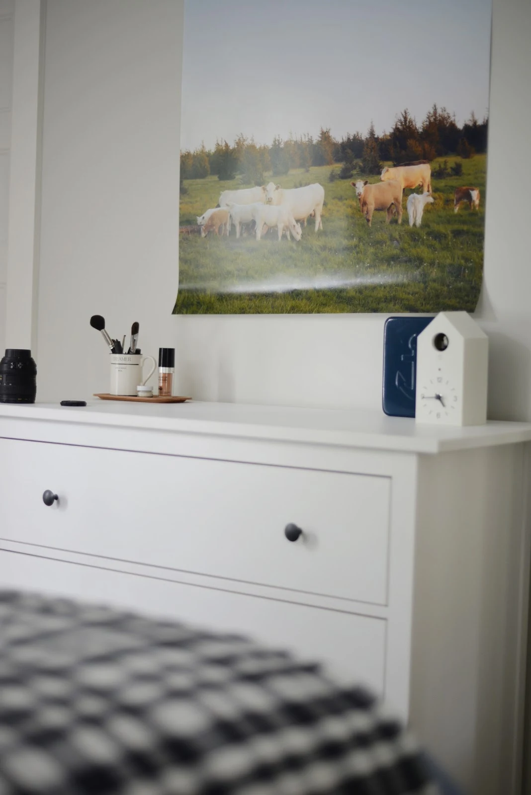 large scale cow photo, muji cuckoo clock, ikea hemnes 3 drawer dresser | Ramblingrenovators.ca