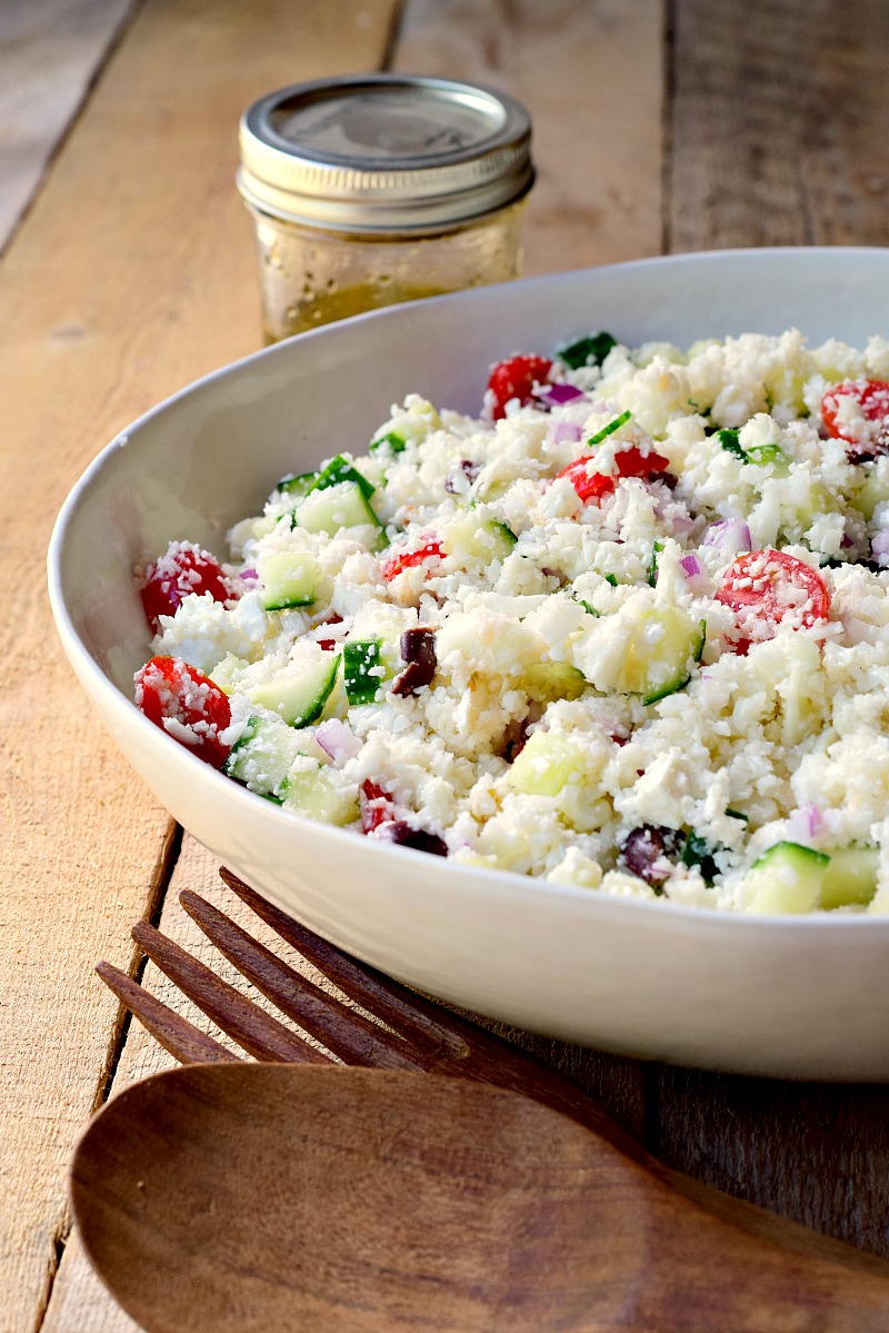 This Mediterranean Cauliflower Salad is a wonderfully light side dish for dinner. Add tuna, or salmon, for a delicious low-carb lunch idea. #lowcarb #keto #ketofriendly #Mediterranean #cauliflower #salad #lowcalorie #recipe | bobbiskozykitchen.com