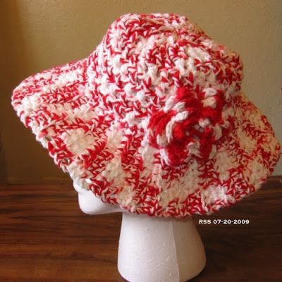  Bright Red and White Cotton Sun Hat with 3D Rose Decoration - Handmade By Ruth Sandra Sperling at RSS Designs In Fiber
