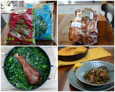 Slow-Cooked Greens & Smoked Turkey ♥ KitchenParade.com, healthy leafy greens cooked until tender and luscious with a smoked turkey leg or ham hocks. Low Carb. Low Cal. High Protein. Gluten Free. Great for Meal Prep and Weight Watchers.