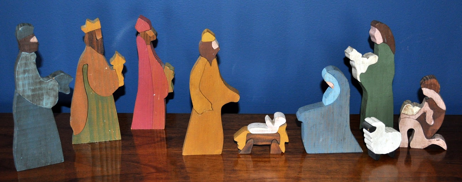 Our Family Christmas Nativity Scenes Blogging For The Grandkids By We Found A Pattern For Nativity Set Paw Traced The Characters On Wood And Then Cut Out All Pieces I Painted Each Piece Glued So It