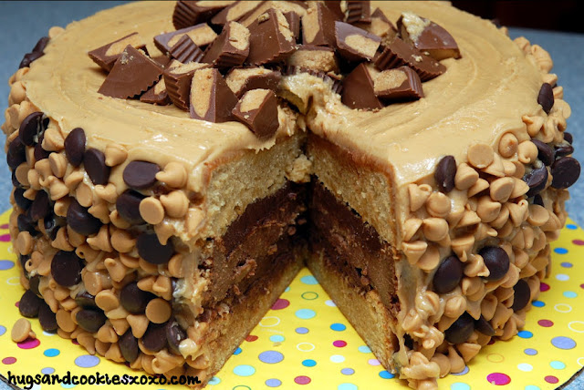 REESE'S OVERLOAD CAKE-2 PEANUT BUTTER BLONDIE LAYERS, 1 CHOCOLATE