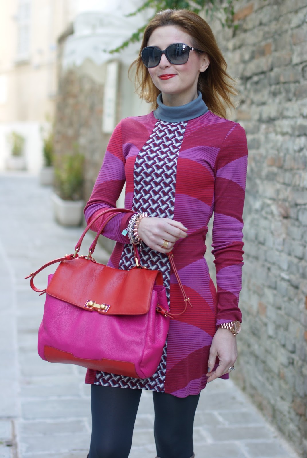 Fuchsia and red mini dress, taupe boots | Fashion and Cookies - fashion ...