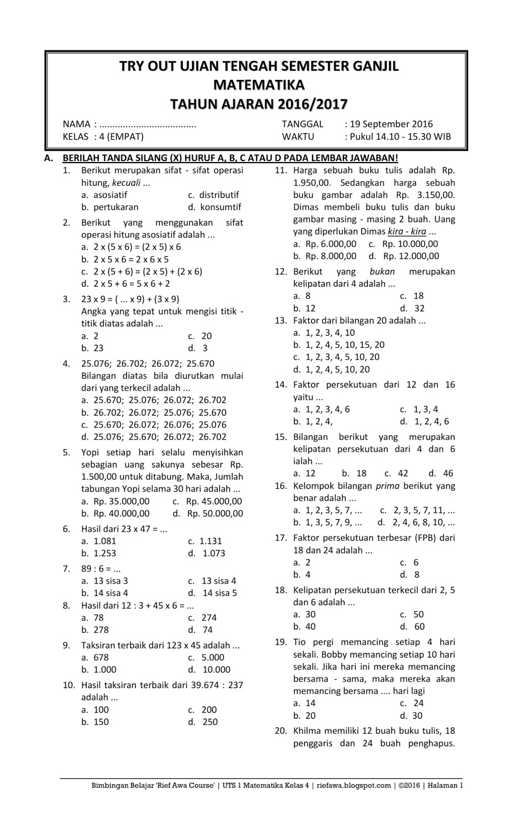 Download Soal UTS Ganjil Matematika Kelas 4 Semester 1