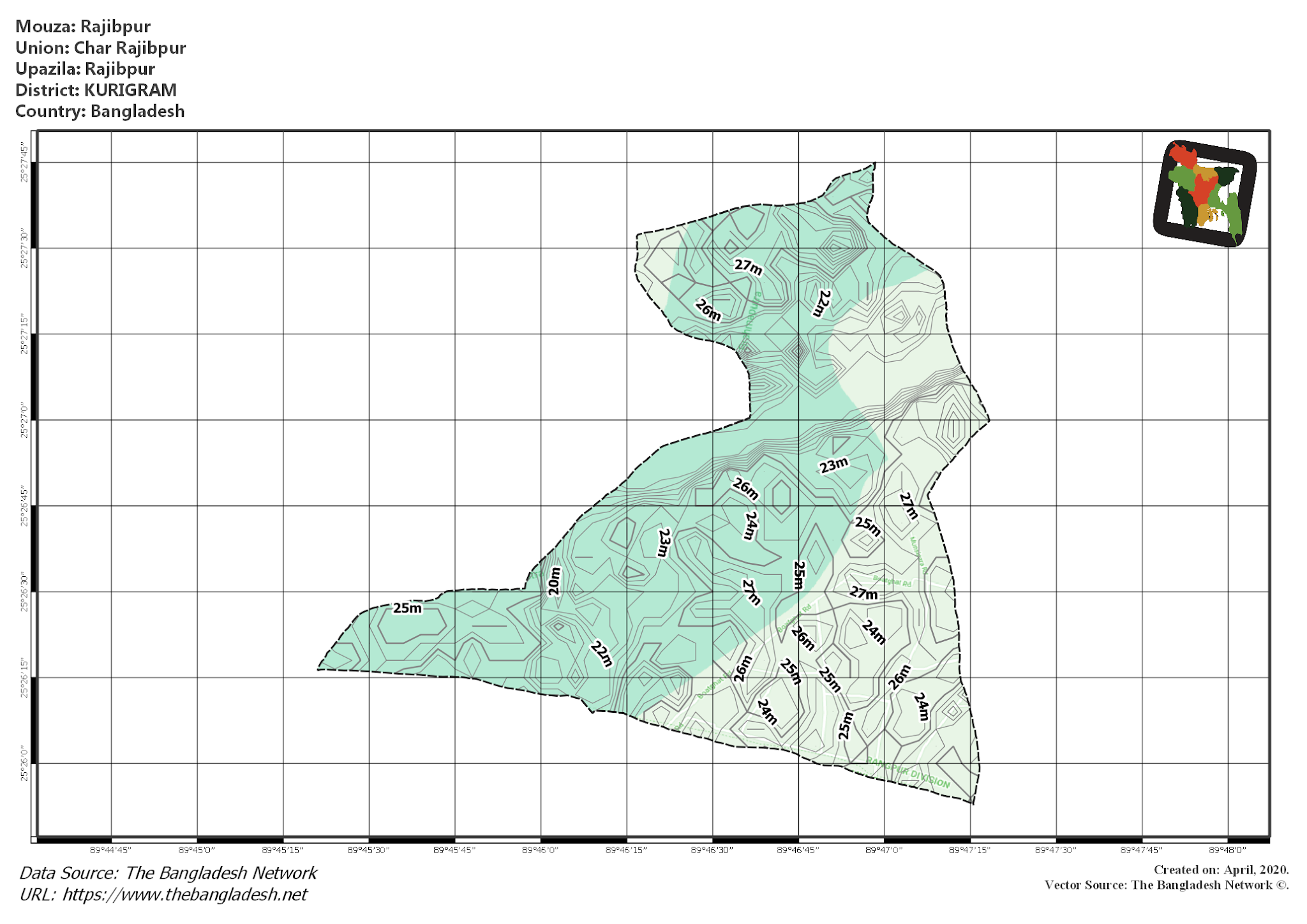 Map of Rajibpur Mouza of Rajibpur Upazila, KURIGRAM, Bangladesh.