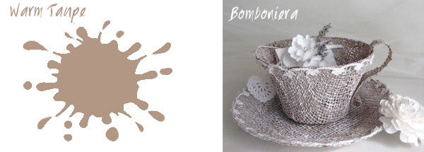 colore Warm Taupe e progetto bomboniera tazza da the