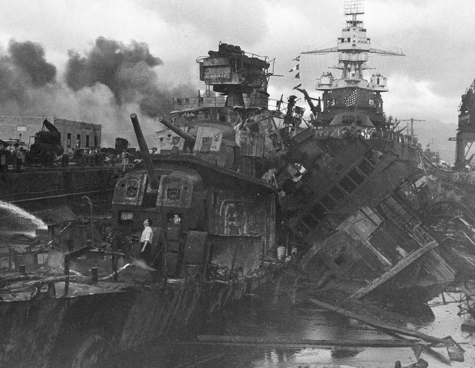 Heavy damage is seen on the destroyers USS Downes and USS Cassin, stationed at Pearl Harbor, after the Japanese attack on the Hawaiian island on December 7, 1941.