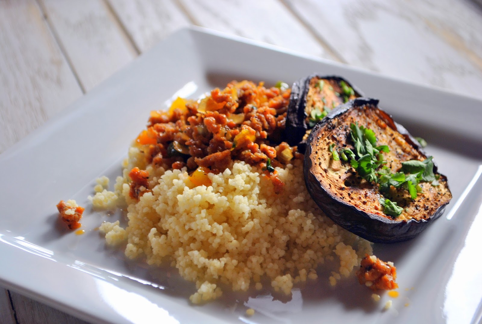 Roasted Eggplant, Couscous & Veggie Ground with Bell Peppers (Berinjela