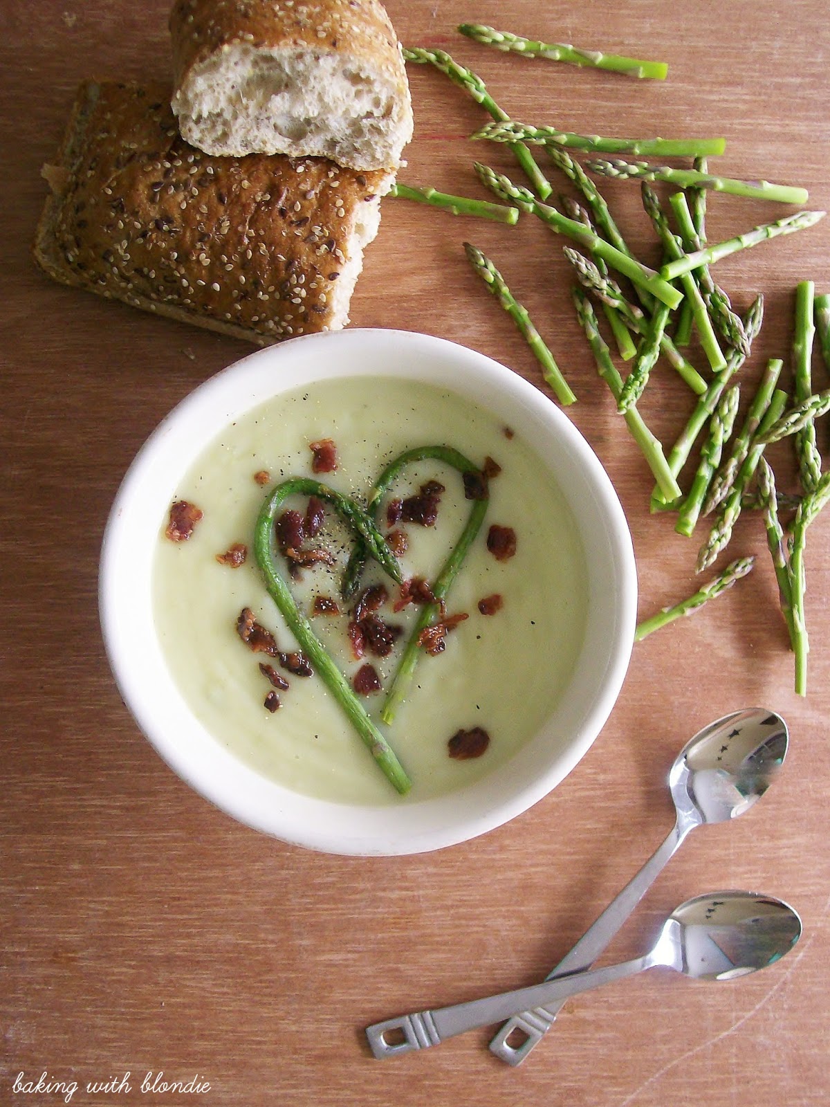 Creamy Potato and Asparagus Soup with Honey Bacon Crumble