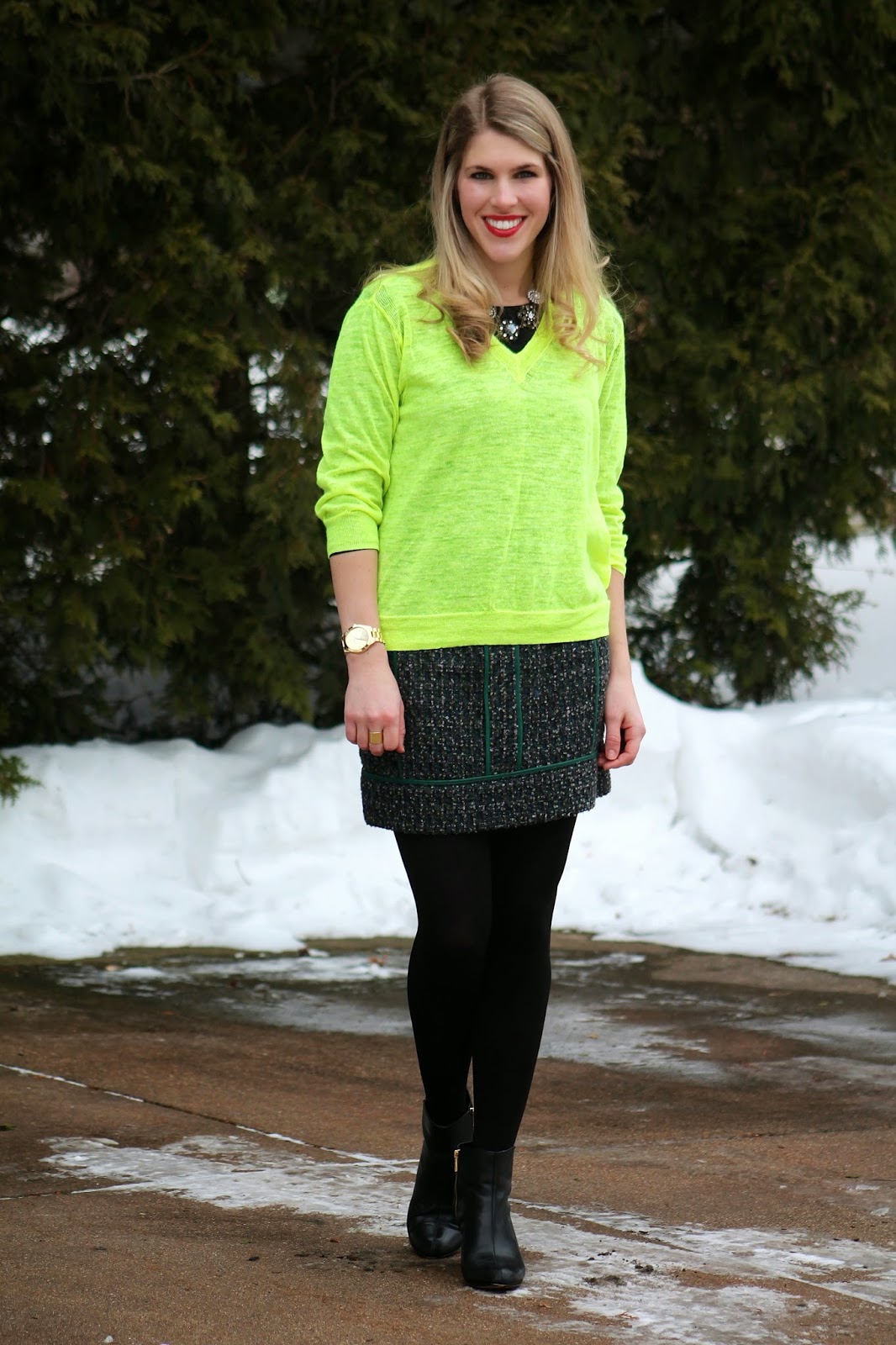 Neon Sweater and Tweed Skirt