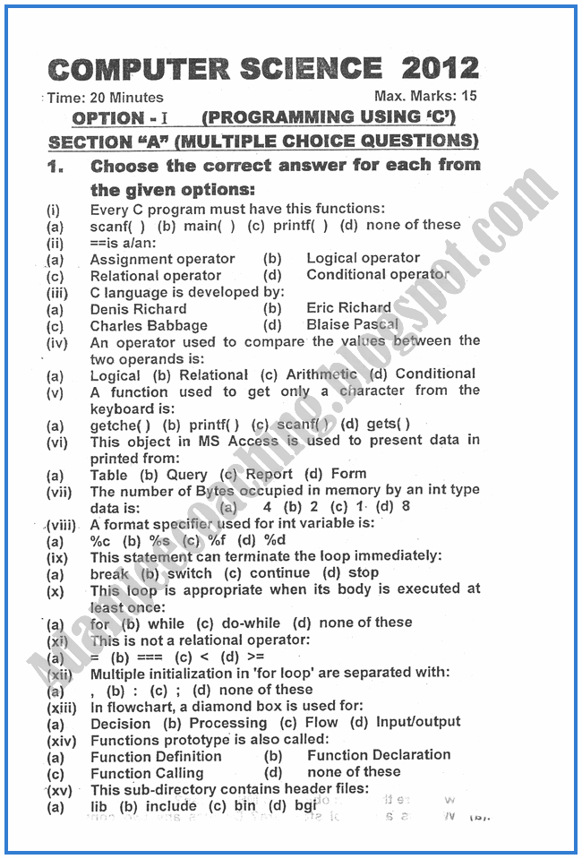 Adamjee Coaching Computer science 2012 Past Year Paper Class XII