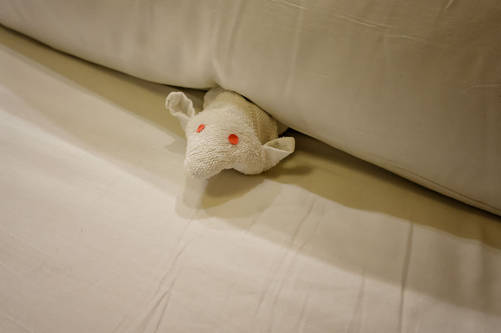 A Cute Towel Mouse Peaks out from Under a Pillow
