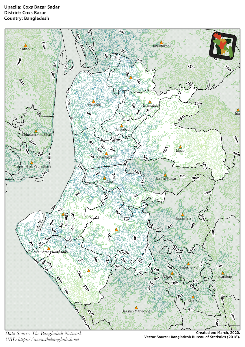 Cox's Bazar Sadar Upazila Elevation Map Cox's Bazar District Bangladesh