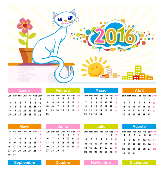Calendario 2016 con gatita editable en español