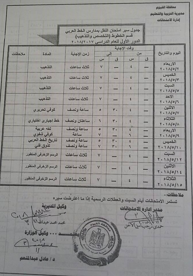 جداول امتحانات محافظة الفيوم الترم الثاني 2018 0%2B%25287%2529