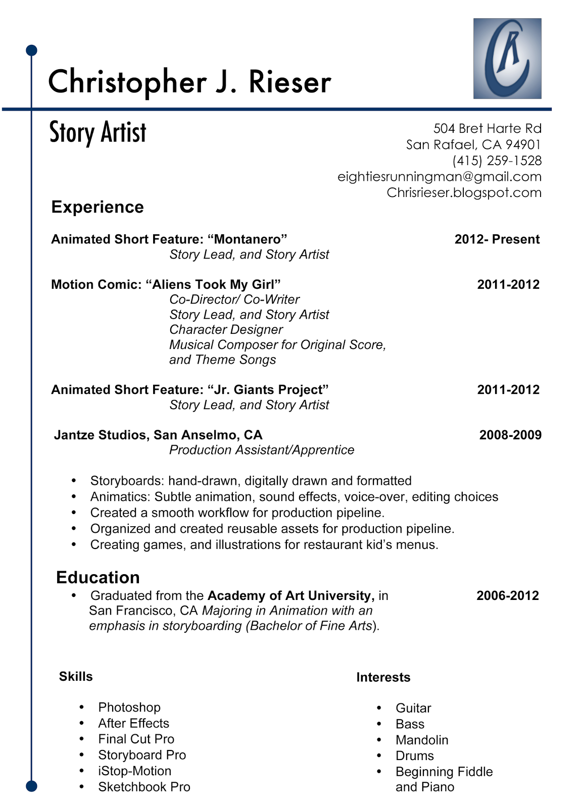 Christopher Rieser: Story Artist: Resume and Contact