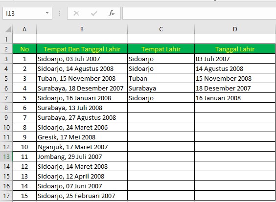 Cara Memisahkan Tempat Tanggal Lahir di Excel