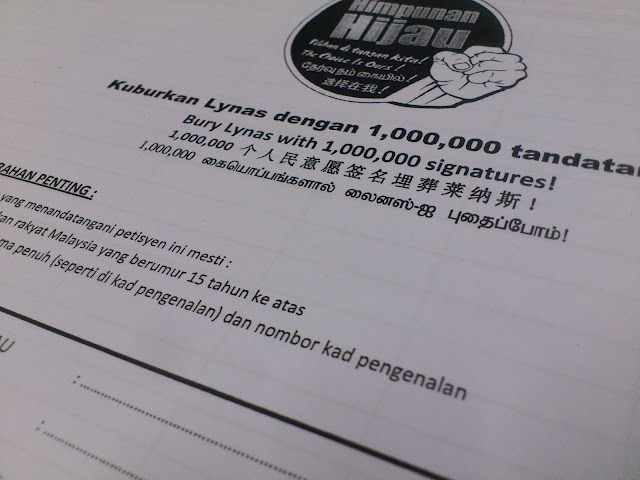 一百万签名埋葬莱纳斯(Lynas)  黄德发动的“一百万签名埋葬莱纳斯(Lynas)”，可不是一个简单的任务。  一百万嘞！！！     马来西亚人口才2千2百万，一百万足占4.5% ，这可是不简单。  本部落客拿了一份去叫人签，希望可以做些东西。  绿色盛会的人辛苦了！！！