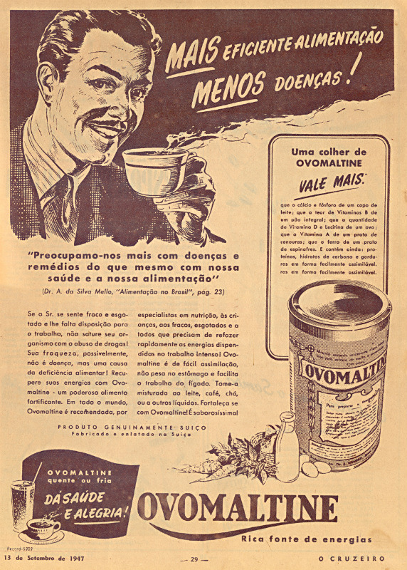 Propaganda do Ovomaltine na década de 40. Propaganda da Revista O Cruzeiro.