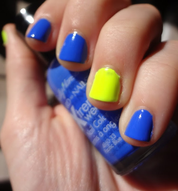 Sally Hansen Pacific Blue w/ a pop of neon yellow nail polish