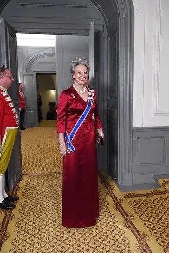 Crown Princess Mary, Princess Marie, Princess Benedikte wore diamond tiara, wore gown, long satin dress