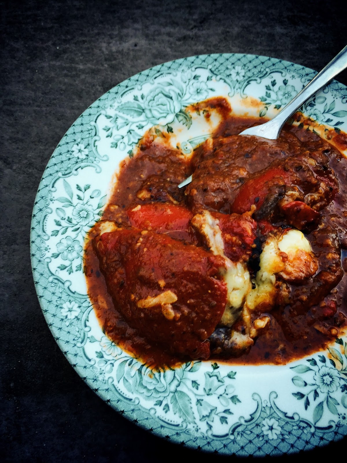 Piquillo Peppers Stuffed with Refried Beans on ChipotleVanilla Sauce