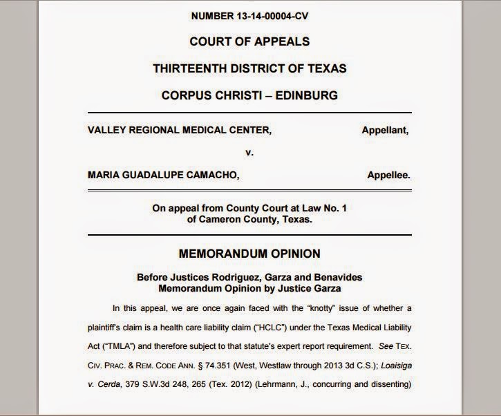 Valley Regional Medical Center v. Maria Guadalupe Camacho, No. 13-14-00004-CV (Tex. App. - Corpus Christi, April 9, 2015)