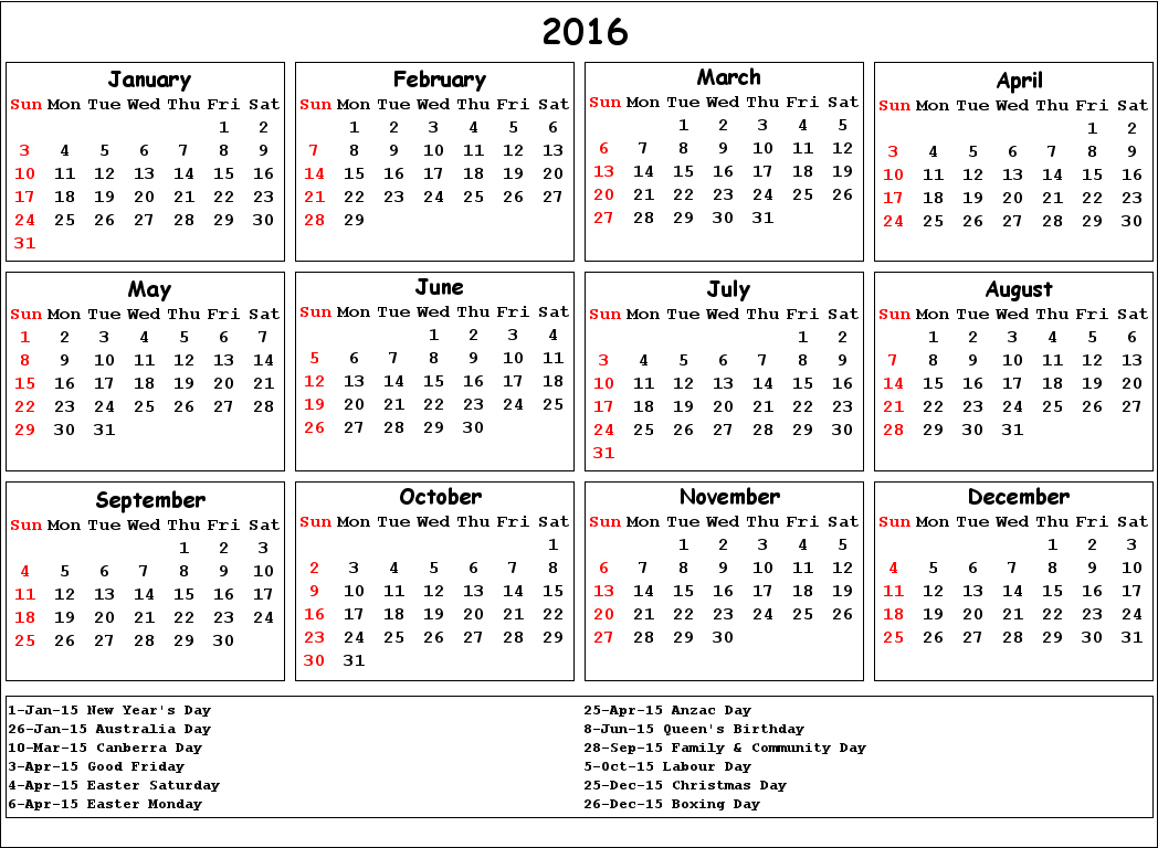 2016 Calendar Printable with Australian Holidays