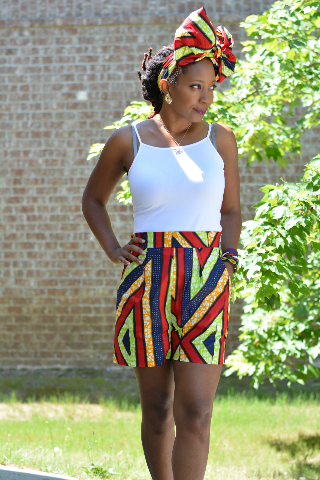 african print fabric short with matching bow head wrap