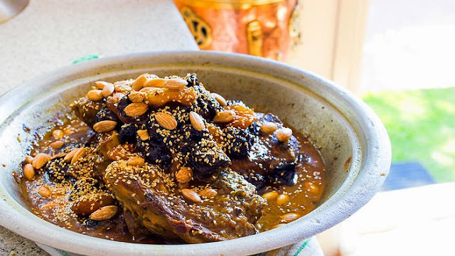 Lamb tagine with stewed apricots and prunes in a bowl