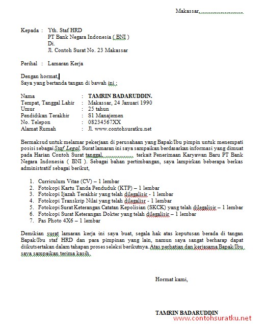 Contoh Surat Lamaran Kerja Untuk Bank BNI yang Baik dan
