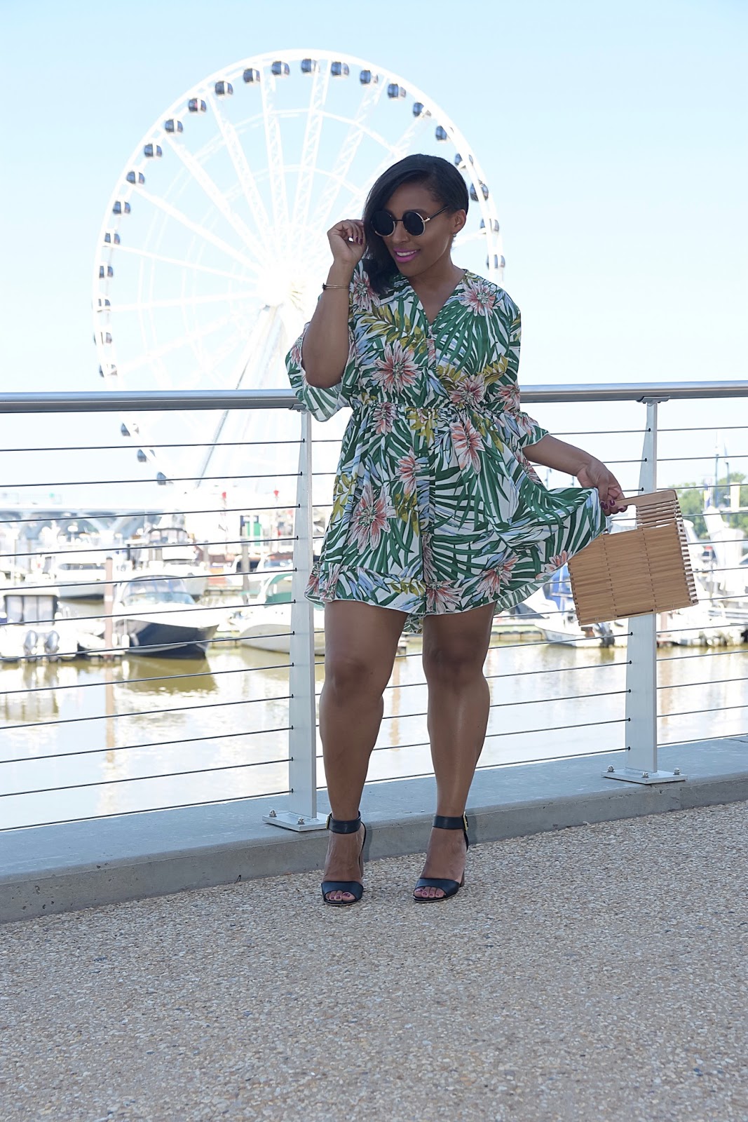 Floral Romper, shein, bamboo purse, summer outfits, floral print, national harbor, jumpsuit