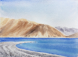 A water colour painting of Pangong Lake by Manju Panchal