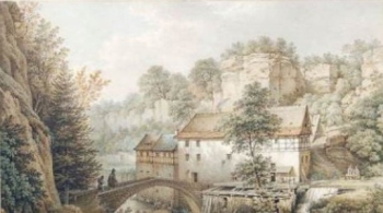 Christian Gottlob Hammer: Die Lochmühle im Liebethaler Grund. Aquarell 1857