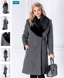 Palton femei lung elegante gri cu rever din blana la moda iarna Palton femei lung elegante gri cu rever din blana la moda iarna