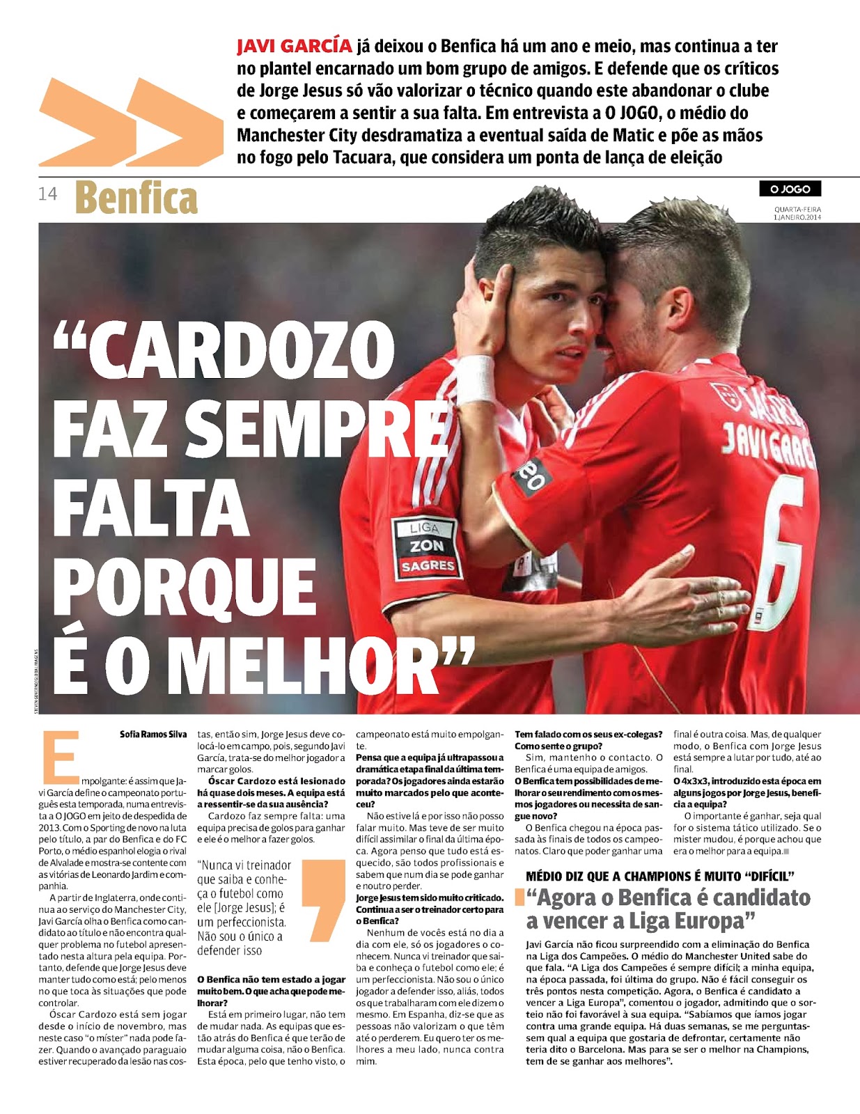 Javi Garcia - Manchester City - entrevista - Cardozo faz sempre falta