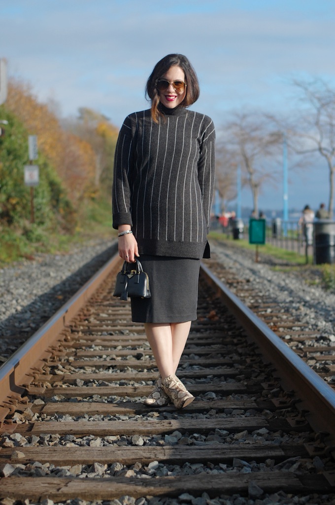 424 Fifth striped wool sweater and pencil skirt outfit