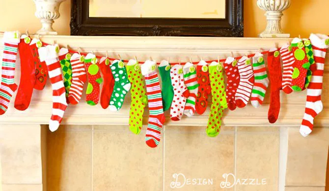 Christmas sock advent calendar on mantel