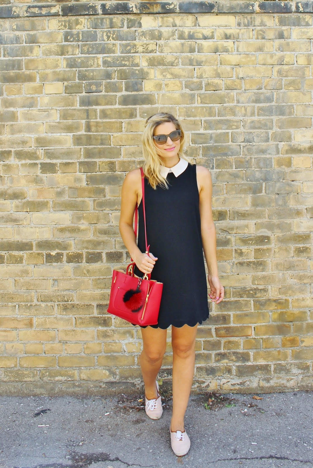 Bijuleni- Preppy peter pan collar black dress, red Ann Taylor tote and beige sneakers