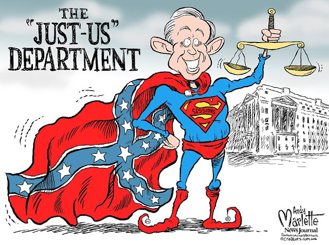 Caricature of Jeff Sessions and Superman holding the scales of justice and wearing a Confederate Flag cape captioned 