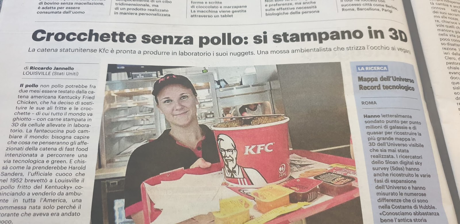 KFC investe sul pollo Vegetale e sul pollo da cellule staminali stampato in 3D