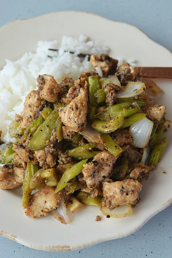 Delicious Black Pepper Chicken like Panda Express with sliced Celery and Onion