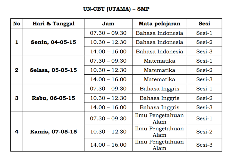 Jadwal UN-CBT SMP 2015 