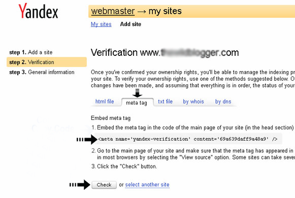 site verification on yandex
