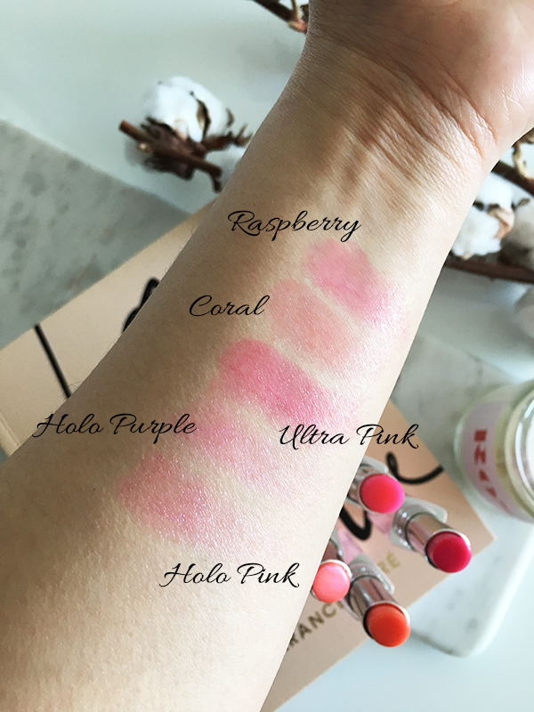 Dior Addict Lip Glow new shades and finishes including Holo Pink, Holo Purple, Ultra Pink, Coral, and Raspberry swatches