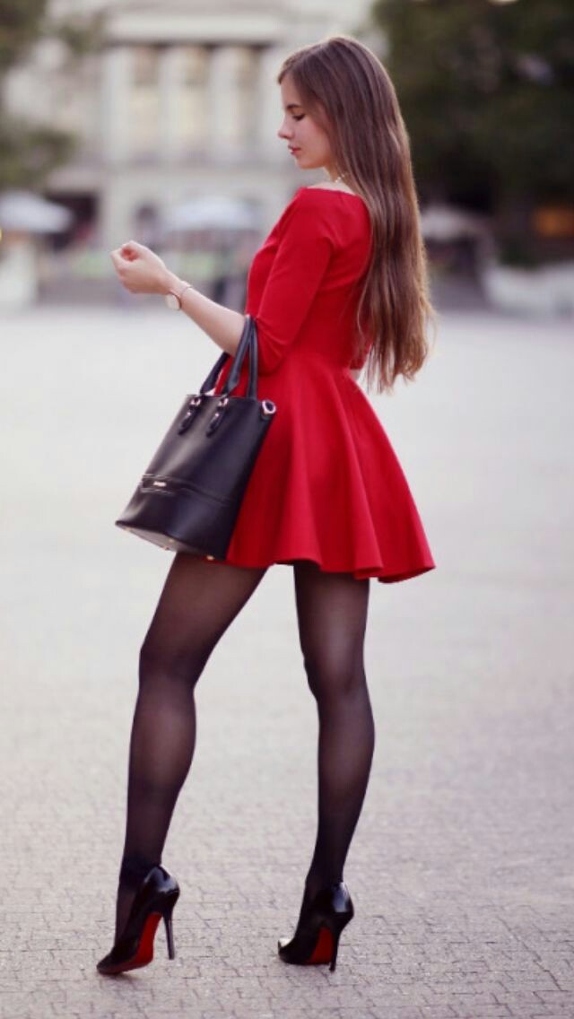 Fαshiση Gαlαxy 98 ☯: Pretty red red dress with black tights - women fashion